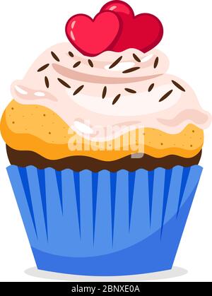 Cupcake Illustration mit Herz Dekoration und Konfetti, auf weißem Hintergrund. Vektorsymbol Stock Vektor