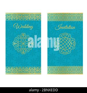 Vertikale Hochzeitseinladungen mit goldenen Bordüren auf dem türkisfarbenen Vektor-Set Stock Vektor