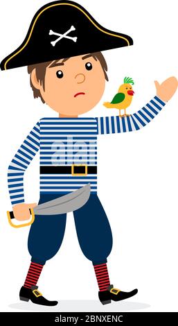 Pirate Walking Cartoon-Charakter mit Papagei und Schwert. Vektor-Symbol auf weißem Hintergrund Stock Vektor