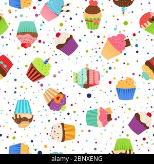 Buntes Muster mit süßen Cupcakes auf gepunktetem weißem Hintergrund. Vektorgrafik Stock Vektor