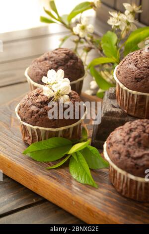 Schokoladenmuffin auf rustikalem dunklen Holztisch mit Kirschblüten Stockfoto