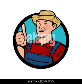 Bauernhof, Landwirtschaft Logo. Happy Farmer zeigt Daumen nach oben Vektor-Illustration Stock Vektor
