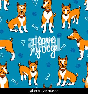 Ich liebe meinen Hund. Basenji Nahtloses Muster. Vektor handgezeichnete Illustration isoliert auf blauem Hintergrund. Welpen Cartoon verschiedene Posen - sitzen und Stock Vektor