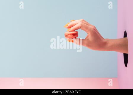 Hand hält ein Makaron durch das Loch in der Wand auf blauem Hintergrund Stockfoto