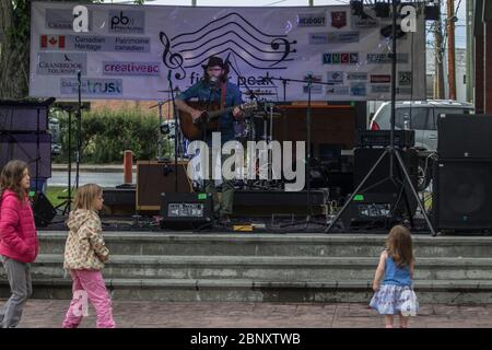 Bärtige Folksängerin beim Outdoor-Konzert. Singen und spielen akustische Gitarre. Stockfoto