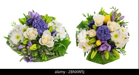 Frische Hyazinthe und Rosen Blüten. Frühlingsstrauß isoliert auf weißem Hintergrund Stockfoto