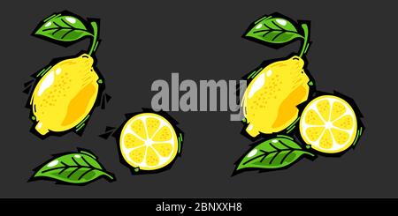 Graffiti Style Fresh Lemons – Set Mit Verschiedenen Mustern. Isolierte Vektorgrafik Stock Vektor