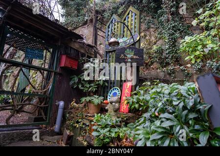 Neko-no-Hosomichi Cat Alley in Onomichi City. Viele echte und ornamentale Katzen (fukuishi-neko), malerische Cafés und Galerien auf dieser engen Straße. Hiro Stockfoto