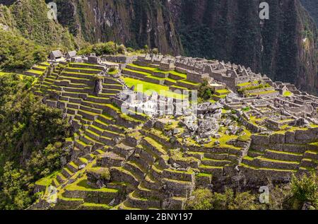 Die Zitadelle und Ruine von Machu Picchu mit Inka-Landwirtschafts-Terrassen, Cusco, Peru. Stockfoto