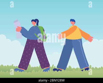 Teenager mit Karte und Rucksack und jungen Jungen zu Fuß in Gras Vektor-Illustration Stock Vektor