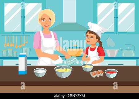 Mutter und Tochter kochen in der Küche. Mutter und Kind zusammen backen. Die Frau mischt Sahne und das Mädchen mischt den Teig mit einem Löffel Stock Vektor