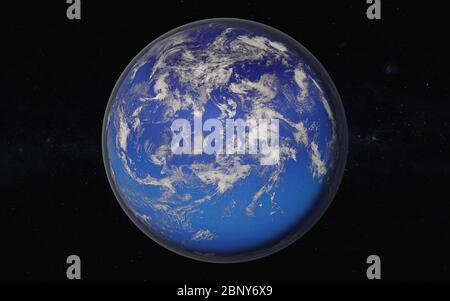 3D-Rendering von fantastischen blauen Wasser Planeten mit weißer Atmosphäre im Weltraum. Elemente dieses Bildes wurden von der NASA bereitgestellt. Stockfoto