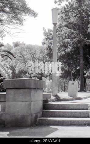 Sydney Australia 1977: Ein Mülltonnen ein Lampenpfosten und eine Reihe von Sandsteinstufen entlang eines Pfades im Hyde Park von Sydney City Stockfoto