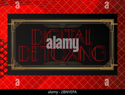 Art Deco Digital Detoxing Text. Dekorative Grußkarte, Schild mit Vintage-Buchstaben. Stock Vektor