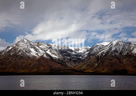 WY04370-00....WYOMING - Blick auf die schneebedeckte Teton Range vom Coulter Bay Lakeshore Trail am Jackson Lake im Grand Teton National Park. Stockfoto