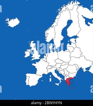 Griechenland Karte auf europa politische Karte hervorgehoben. Weiß auf blauem Hintergrund. Perfekt für Geschäftskonzepte, Hintergründe, Hintergrund, Poster, Aufkleber, banne Stock Vektor