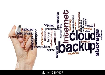 Cloud Backup Word Cloud Konzept auf weißem Hintergrund Stockfoto