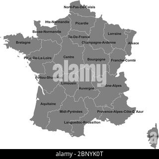 Frankreich-Karte mit Namensschildern. Grauer Hintergrund. Perfekt für Geschäftskonzepte, Hintergründe, Hintergrund, Etikett, Aufkleber, Poster, Banner, Diagramm und w Stock Vektor