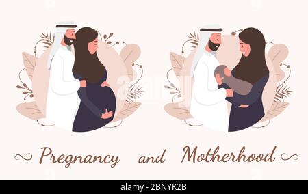 Traditionelle muslimische Familie, Schwangerschaft und Geburt von Kindern in arabischen Paar. Eine schwangere Frau in Hijab und Nationaltracht mit ihrem Mann und Baby. Flach Stock Vektor