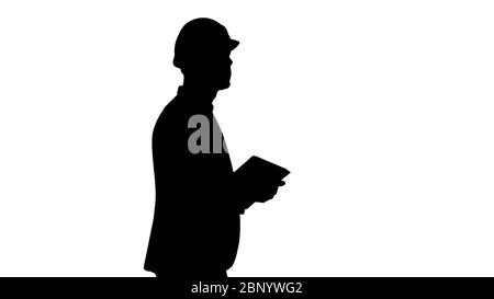 Silhouette Architect Gehen mit Tablet und überprüfen, was gebaut ist. Stockfoto