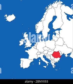 Rumänien auf der europakarte hervorgehoben. Blauer Meereshintergrund. Perfekt für Geschäftskonzepte, Hintergründe, Hintergrund, Aufkleber, Grafik, Präsentation und Wallpap Stock Vektor