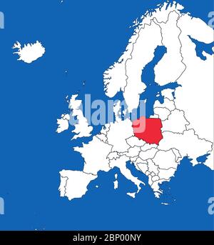 Polen auf der europäischen Karte hervorgehoben. Blauer Meereshintergrund. Perfekt für Business-Konzepte, Hintergründe, Hintergrund, Aufkleber, Grafik, Präsentation und Wallpa Stock Vektor