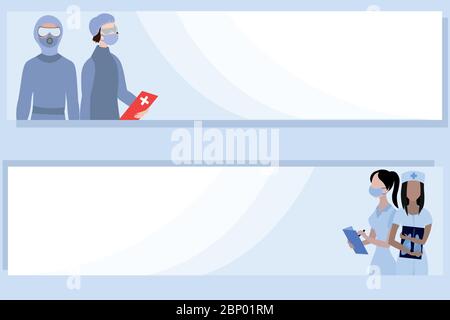 Ärzte in Schutzanzügen und Masken. Vorsicht, Ärzte über den Schutz der öffentlichen Gesundheit. Satz Banner. Stock Vektor