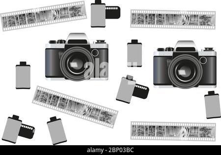 Analogkamera, 35-mm-Filmrolle und Schwarzweiß-Negativ. Collage mit Fotoausrüstung. Retro-Fotografie. Monochrome Clipart eines zwanzigsten Jahrhunderts tec Stockfoto