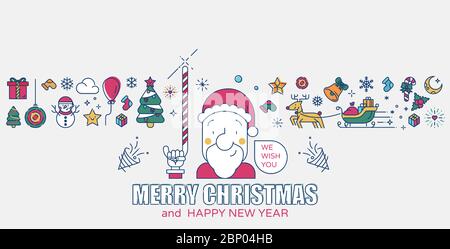 weihnachtsmann und die weihnachts-Icons farbige Linie Vektor-Illustration. Isoliert auf hellgrauem Hintergrund Stock Vektor