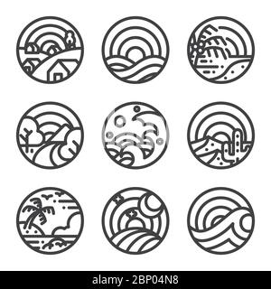 Landschaftskunst Illustration in runder Form. Symbole für die Zeilenansicht. Stock Vektor
