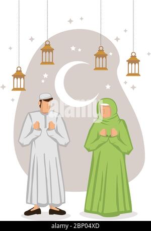 Cartoon muslim Paar mit Halbmond, Sterne in einem weißen Hintergrund. Ramadan Fasten oder Hari Raya Festival Konzept. Abbildung des flachen Vektors. Stock Vektor