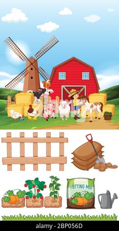 Farmszene mit vielen Tieren und anderen Gegenständen auf der Farm Illustration Stock Vektor