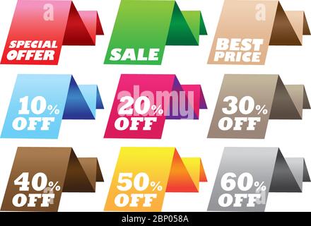 Papierständer Rabatt Etiketten mit verschiedenen Nachrichten. Vektorgrafik. Stock Vektor