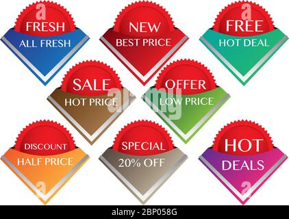 Verkauf Etiketten in verschiedenen Farben und Mesages. Vektorgrafik. Stock Vektor
