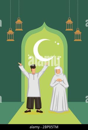 Cartoon muslim Paar mit Halbmond, Sterne in einem grünen Hintergrund. Ramadan Fasten oder Hari Raya Festival Konzept. Abbildung des flachen Vektors. Stock Vektor