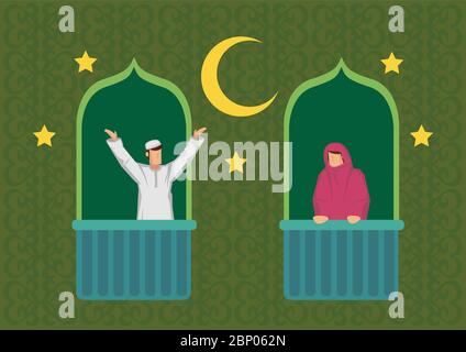 Muslimische Paar mit Halbmond, Sternen und einem grünen Hintergrund. Ramadan Fasten oder Hari Raya Konzept. Abbildung des flachen Vektors. Stock Vektor