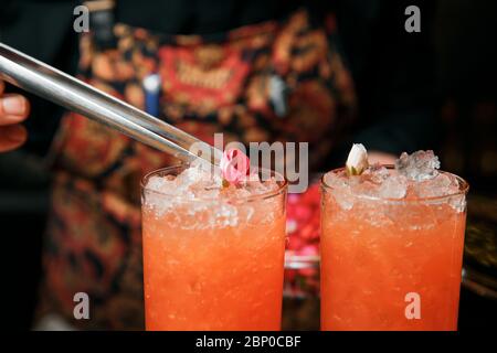 Ein professioneller Barkeeper macht zwei rote Cocktails und schmückt sie mit einer lebenden Blume. Cocktails erhalten Sie an der Bar. Stockfoto