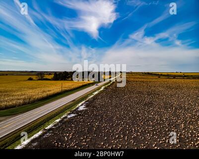 Lange ländliche Straße mit leuchtend blauen Himmel voraus und einem Kürbisfleck auf der einen Seite und Maisfelder auf der anderen. Stockfoto