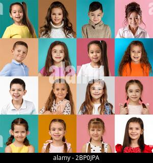 Collage aus glücklichen lächelnden Gesichtern von Kindern. Glückliche Mädchen und Jungen, die verschiedene positive Emotionen ausdrücken. Menschliche Emotionen, Gesichtsausdruck Konzept. Stockfoto