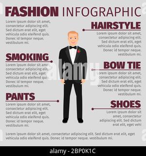 Mode Infografik mit lächelndem Mann in einem Hochzeitsanzug. Vektorgrafik Stock Vektor
