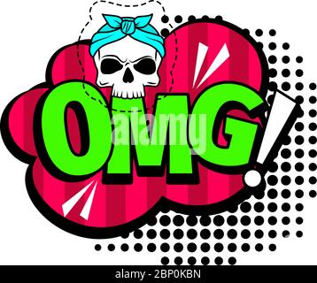 OMG Cartoon Patch, Pop Art Stil coloful Symbol mit Schädel und Ausrufezeichen, Vektor-Illustration Stock Vektor