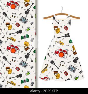 Frauen Kleid Stoffmuster Design auf einem Kleiderbügel mit Musikinstrument. Vektorgrafik Stock Vektor