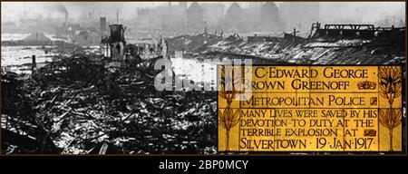 WWI - MUNITIONSANLAGEN IN GROSSBRITANNIEN. PC 389K Edward George Brown Greenoff war vor der Munition-Fabrik in Silvertown in West Ham (heute Teil von London) im Dienst, als ein verheerender Brand ausbrach. Über 50 Tonnen TNT explodierten, was zu einer hohen Todesrate führte (einschließlich Greenoff). Der Polizist blieb auf seinem Posten, um andere vor den Gefahren zu warnen, da die Explosion unmittelbar bevorstand. Das Bild zeigt die Überreste der Fabrik und eine Gedenktafel. Stockfoto