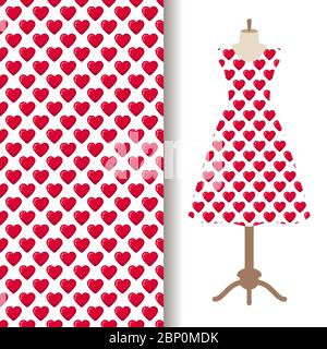 Frauen Kleid Stoffmuster Design auf einer Schaufensterpuppe mit roten glänzenden sweetie Herzen Stock Vektor