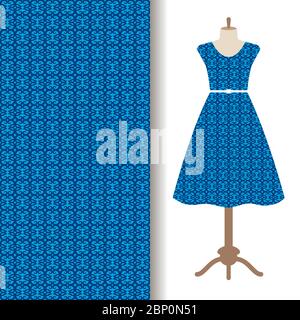 Damen Kleid Stoffmuster Design mit blauen traditionellen arabischen Muster. Vektorgrafik Stock Vektor