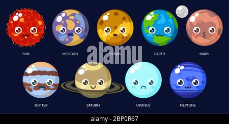 Lustige Kawaii Planeten Mit Verschiedenen Gesichtern. Sonnensystem Mit Niedlichen Cartoon Planeten. Funny Universe Für Kinder , Sonne, Mars, Merkur, Erde, Venus, Jupiter Stock Vektor