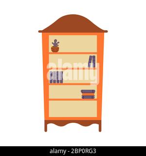 Bücherregal mit Regalen. Kaktus in einem Topf. Stapel von Büchern. Abbildung flacher Vektorgrafiken Stock Vektor