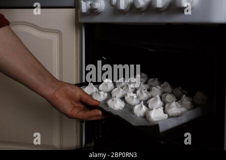 Frau, die weißen bizet in den Ofen stellt Stockfoto