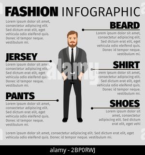 Mode-Infografik mit bärtigen Hipster in Grautönen. Vektorgrafik Stock Vektor