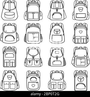 Lineare Symbole für die Tasche. Vector Line Rucksäcke für Reisen und Wandern, Schüler und Schule Stock Vektor
